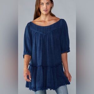 Free People Mystery Land Blue Smocked Neck Tiered Boho Tunic Dress Size M